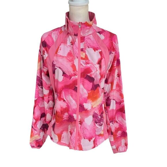 Athleta Run With It Printed Floral Lightweight Jacket Full Zip Pink Size Small - Picture 1 of 12